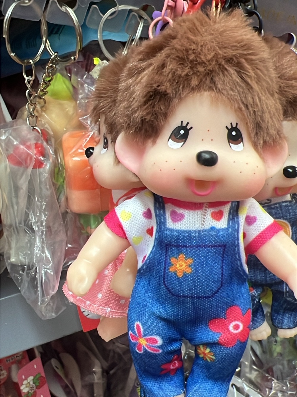Cute Plush Brown-Haired Doll Keychain in Blue Overalls